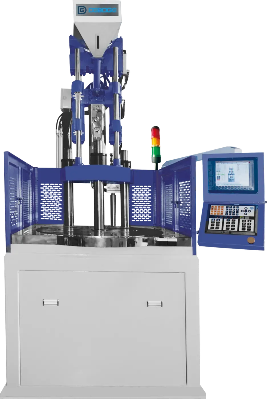 DEBOGE vertical injection molding machine with a rotary table and side-mounted control panel
