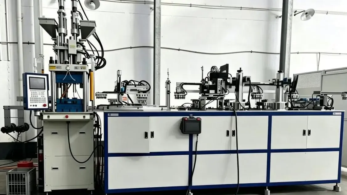 DA-600DC vertical injection molding machine beside its dedicated meter seal automation line