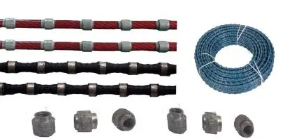 Diamond wire saw product references showing straight beaded wire samples, a coil and loose beads