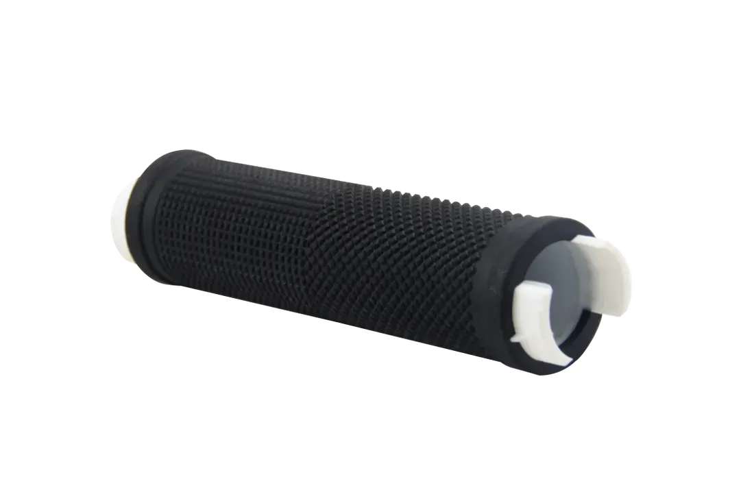 Black textured handlebar grip with visible white inner sections at both ends