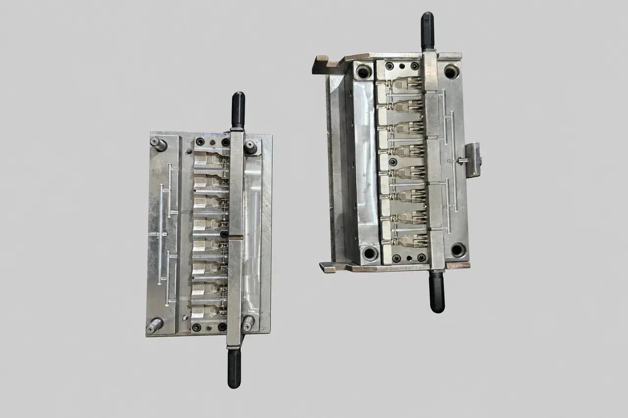 A multi-cavity plug mold with handles extending beyond the mold body.