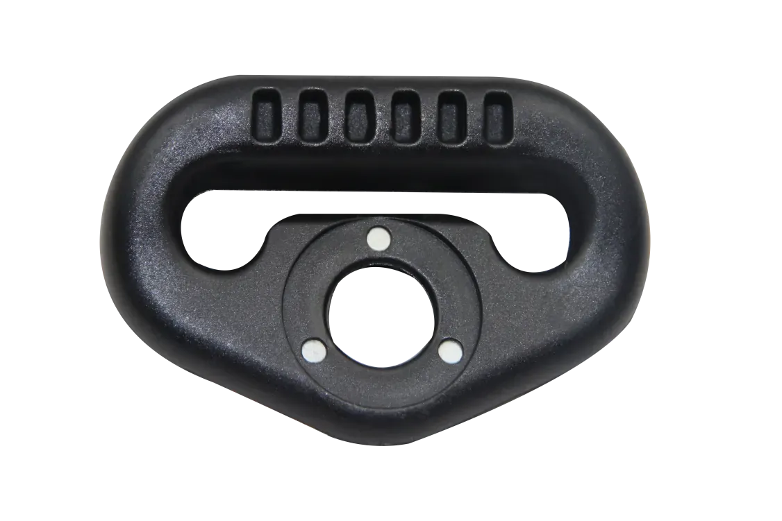 Finished black plastic-overmolded seat belt D-ring with an elongated slot, circular opening and visible metal points